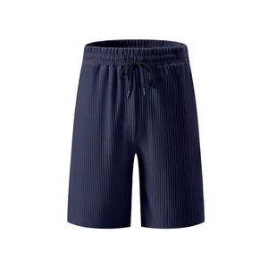 Close-up of navy blue ribbed texture on men's casual summer sports shorts
