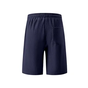 Detailed back view of men's navy blue ribbed jacquard casual shorts with elastic waist