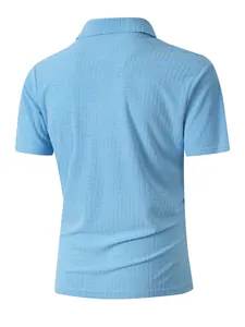Detailed back view of men's light blue polo shirt featuring subtle grid pattern texture.