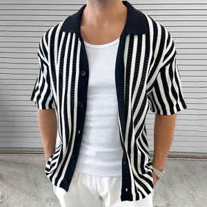 Close-up view of a men's black and white striped short sleeve knitted cardigan lapel
