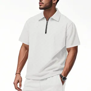 White men's heavyweight chessboard jacquard polo shirt with quarter zip and relaxed fit