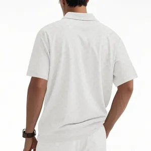 Back view of men's white short sleeve Polo shirt with subtle checkerboard jacquard texture