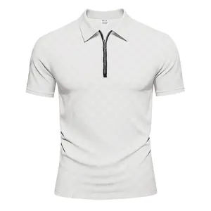Premium men's white checkerboard jacquard polo shirt with a half-zipper and lapel collar