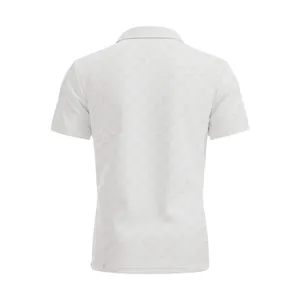 Back view of white men's short sleeve polo shirt with checkered jacquard pattern