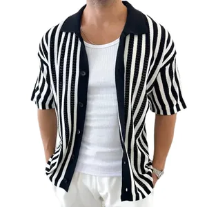Men's vertical striped knit short sleeve cardigan with black lapel collar and buttons