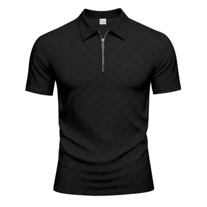 Men's black checkerboard jacquard half-zip polo shirt for a casual summer look