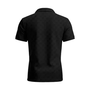 Rear view of black short-sleeve polo shirt featuring a textured checkerboard jacquard design.