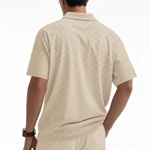 Back view of a men's short-sleeve polo shirt with beige checkerboard jacquard detail