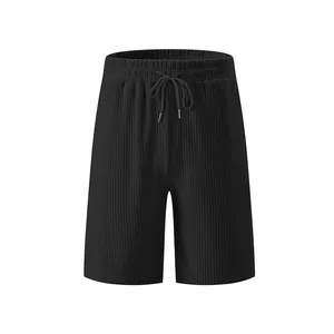 Detailed front view of premium black ribbed textured casual sports shorts for men
