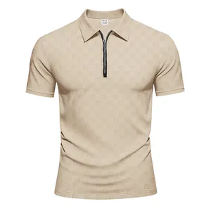 Men's khaki checkerboard jacquard polo shirt with half-zipper closure