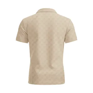 Back view of men's polo shirt with textured beige checkerboard jacquard pattern