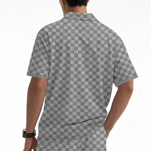 Detailed back view of a men's short-sleeve polo shirt featuring a grey checkerboard pattern