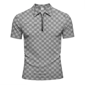 Men's casual grey checkered jacquard polo shirt featuring a modern half-zip collar