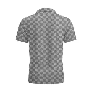 Detail of men's short-sleeved polo shirt with grey checkerboard jacquard pattern