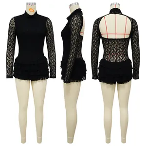 Body in pizzo nero a maniche lunghe con schiena nuda e orlo a balze elegante per donna