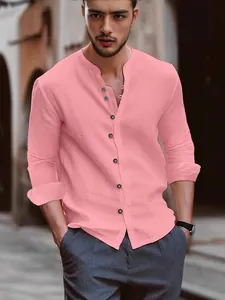 Herren Baumwolle Leinen Hemd Vintage Henley Ausschnitt Lässig Langarm Top Slim Fit Minimalistischer Italienischer Stil Hemd