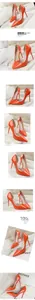 Stylish orange patent leather stiletto high heels with pointed toe and side cutout design.