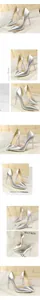 Detailed shots of silver pointed-toe stiletto heels with a sexy side cutout design