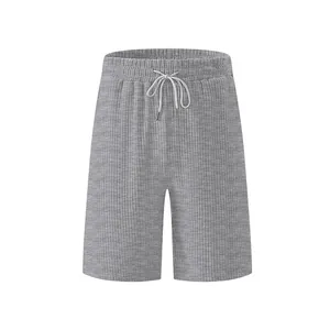 Front view of men's gray ribbed casual shorts with elastic drawstring waist for summer