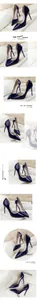 Detail of navy blue patent leather pointed toe d'Orsay stiletto high heel pumps.