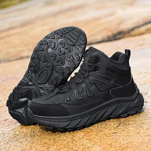 Detail of black outdoor hiking shoes showing side profile and anti-slip outsole design.