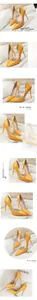 Macro details of yellow patent leather high heels showing d'Orsay hollow design