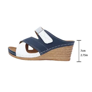 Close-up side view of navy and white wedge sandal showing 7cm heel height detail