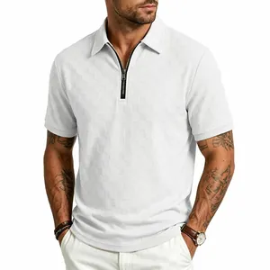 Polo premium bianca da uomo in maglia a nido d'ape con mezza zip e maniche corte