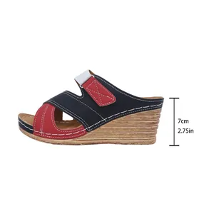 Detailed side view of women's color-block wedge sandal with 7cm heel height measurement