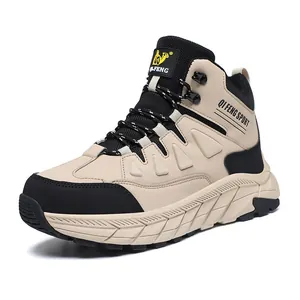 Durable khaki and black high-top outdoor hiking boot featuring rugged traction sole