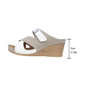 Side view showing the 7cm wedge heel height of two-tone women's sandals