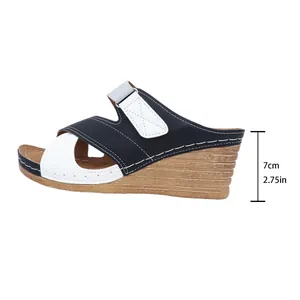 Side view of wedge sandal with 7cm heel height and color-blocked navy white straps