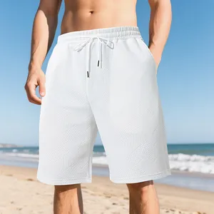 Premium men's white textured jacquard drawstring shorts for summer beach styling