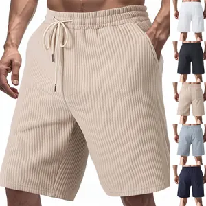 Men's Jacquard Casual Shorts Heavyweight Polyester Vertical Stripes Elastic Drawstring Waist Summer Beach Sport Bottoms