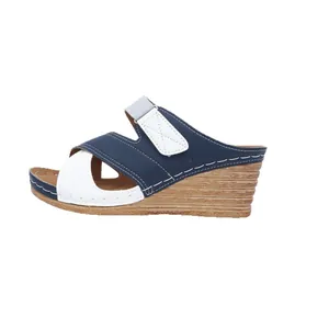 Stylish blue and white color-blocked wedge sandals with adjustable velcro strap for women
