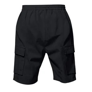 Vista posteriore di pantaloncini cargo neri da uomo in lino con elastico