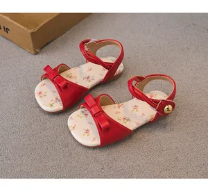 Elegant red girls' sandals featuring sweet bowknot and cute floral insole for summer beach