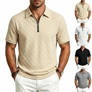 Polo da Uomo Pesante Jacquard a Scacchiera Casual Larga Mezza Zip Revers Manica Corta Top Estate Moda Streetwear