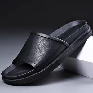 Men's Genuine Leather Summer Casual Sandals Fashion Trendy Slip-on Slides Breathable Outdoor Beach Shoes Non-slip Flip Flops