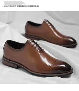 Detailed macro view of brown leather Oxford shoes with Brogue detailing and laces
