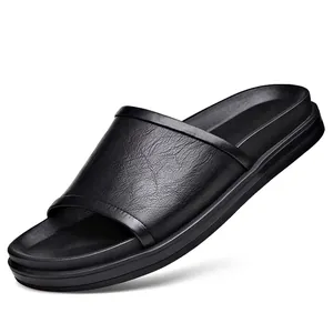 Classic men's black leather texture casual slides for outdoor beach wear