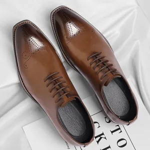 British Style Men's Business Formal Leather Shoes Brogue Carving Square Toe Oxford Shoes For Office Wedding Recycled Leather Dress Shoes