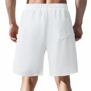 Detailed back view of men's white heavyweight jacquard textured streetwear shorts