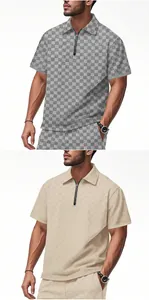 Men's stylish heavy checkered jacquard half-zip Polo shirt for casual summer fashion wear