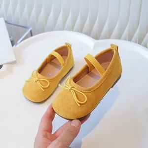 Yellow toddler girl ballet flats with sweet bow knot and elastic strap for spring