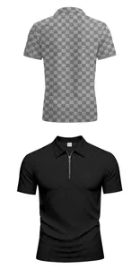 Men's checkerboard jacquard polo shirt featuring half-zip and front-back views.