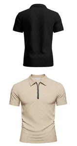 Men's half-zip polo shirt with heavy checkerboard jacquard pattern in beige and black
