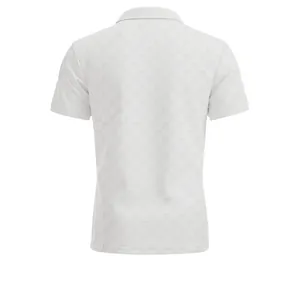 Detailed back view of a men's white heavyweight checkerboard jacquard short-sleeve Polo shirt