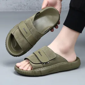 Durable men's army green cowhide leather slides featuring a non-slip sole for summer comfort