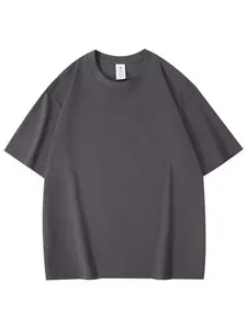 Classic minimalist dark grey oversized drop shoulder cotton T-shirt for men on white background